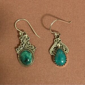 925 Silver Dangle Earrings with Turquoise Stone and Filigree Design